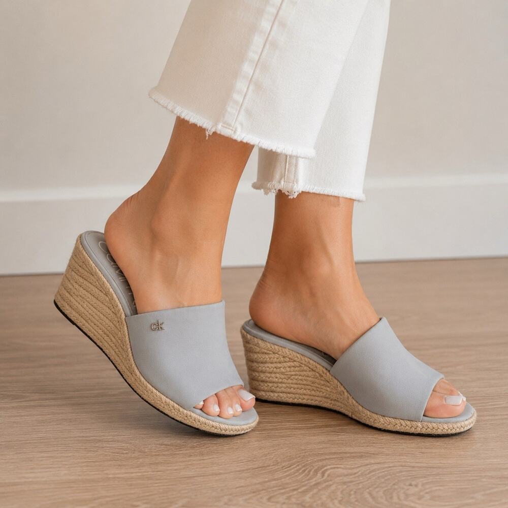 Calvin Klein Bandera Open Toe Jute Wedge Sandals Blue Grey Real Leather Size 8.5